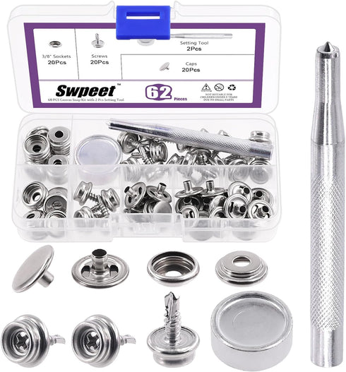 Swpeet 62Pcs Canvas Snap Kit, Stainless Steel Marine Grade Canvas and Upholstery Boat Cover Snap Button Fastener Kit Including 3/8" Sockets 13mm M...