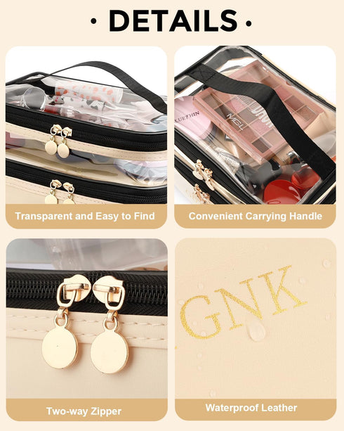 Cosmetic Bags for Women Clear Leather Double Layer Makeup Bag - Large Travel Skincare Bag For Travel Organizer Toiletry Bag - Beige...