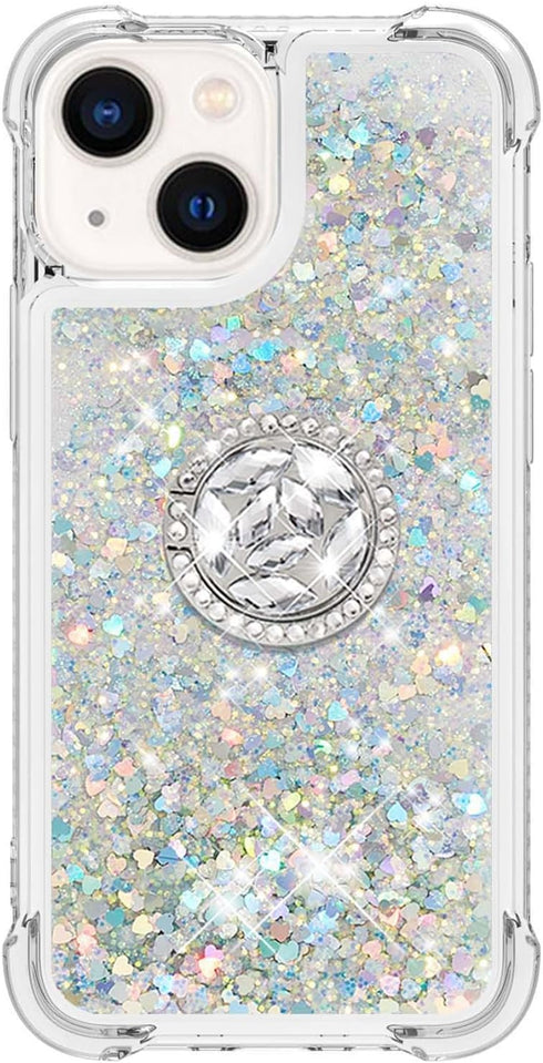 CCSmall Glitter Clear Sparkly Bling Case for Apple iPhone 15, Flowing Liquid Quicksand Cover with Diamond Ring Holder Case for iPhone 15 LSZ Silve...