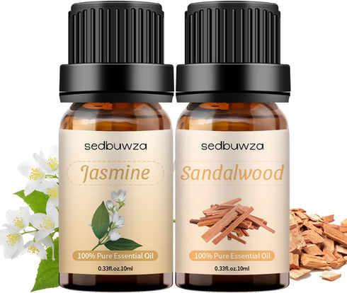 Sedbuwza Sandalwood Oil Jasmine Essential Oil Gift Set, 100% Pure Organic Aromatherapy Oil Set for Diffuser, Massage, Soap, Candle Making - 2 x 10...