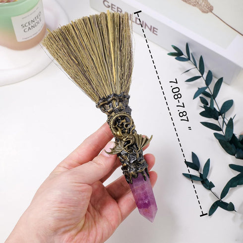 Natural Crystal Magic Sweeper Coloured Fluorite Tower Broom 7.08"-7.87" Healing Crystal Point Witch Altar Supplies for Crystal Therapy Cleaning Be...