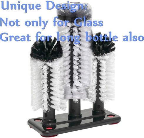 Water Bottle Cleaning Brush Glass Cup Washer with Suction Base 3 Head Bristle Brush for Beer Cup, Long Leg Cup, Red Wine Glass and More Bar Kitche...