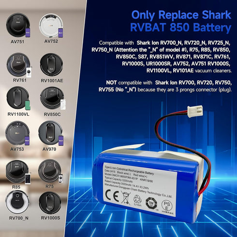 Replacement Shark RVBAT850 Battery for Shark Ion R75, R85, RV850, S87, AV752, AV751, RV761, RV851WV, RV871, RV1000S, RV1100VL, RV101AE, UR1000SR v...