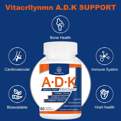 ADK Vitamin Supplement 20000 IU - High Potency Vitamins A, D3 and K1 for Heart, Bone Health and Immune Support Vitamin ADK 60 Capsules...