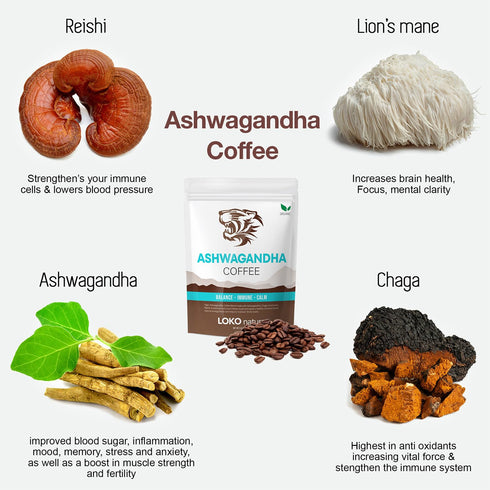 LOKO nature Tiger Ashwagandha Mushroom Instant Coffee with Arabica | Powerful Natural Ingredients Reishi, Chaga & Lion's mane | Adaptogen, Vegan, ...