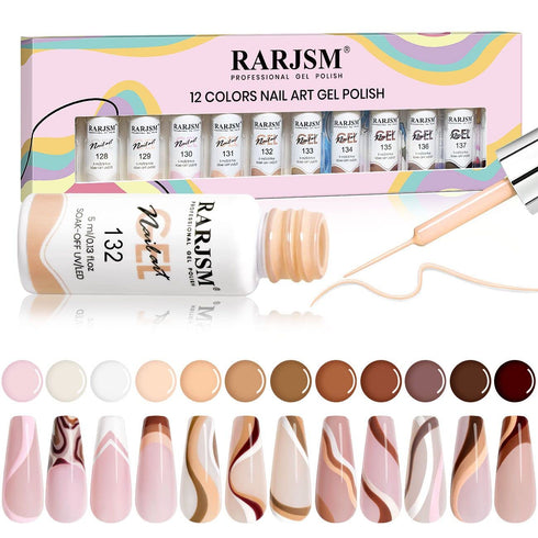 RARJSM Gel Paint for Nail Art Nude Liner Gel Nail Polish Set 12 Colors 5ml Pink Brown Line Art Gel Polish Build in Thin Sharp Brush for Swirl Nail...