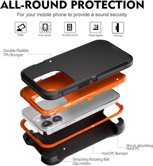 for iPhone 13 Pro Max 6.7" Case with Belt Clip Holster, with 2 Screen Protector, Military Grade Full Body Protection Shockproof Phone Case (BlackO...