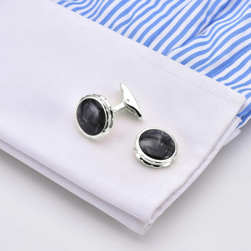 Black Obsidian Stone Round Men's Cufflinks In Gift Case Silver Natural Gemstone Cufflinks for Men Jewelry for Wedding Party Business Birthday Anni...