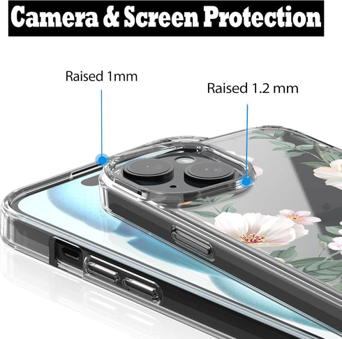 RANZ Case for iPhone 15, Anti-Scratch Shockproof Series Clear Hard PC + TPU Bumper Protective Cover Case for iPhone 15 (6.1") - White Magnolia Flo...