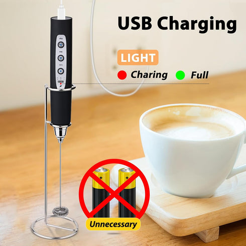 Milk Frother with Stand Rechargeable-Handheld Coffee Frother with 3 Stainless Whisks 3 Speed Adjustable, Electric Whisk Drink Mixer, Foam Maker Bl...