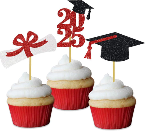 Glitter Graduation Cupcake Toppers Red Party Decorations Class of Congrats Cake Picks Supplies 24 Pack...