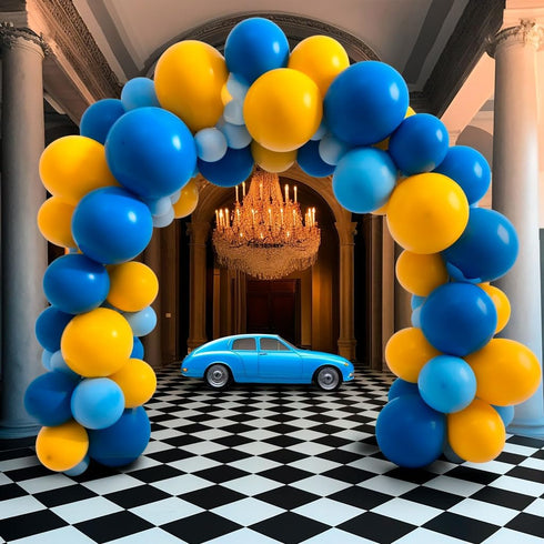 155Pcs Race Car Balloon Garland Arch Kit, Dusty Blue and Yellow Latex Balloon Checkered Foil Balloons for Race Car Truck Two Fast Hot Wheels Birth...