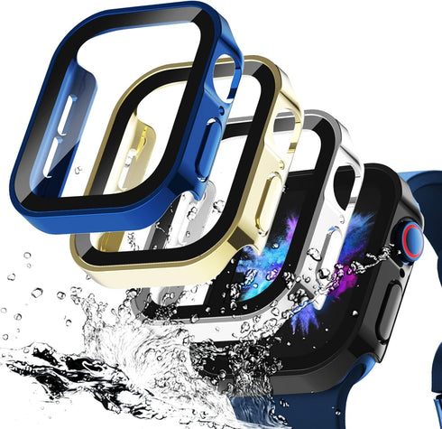 WINGLE 4 Pack for Apple Watch Series 9 8 7 Screen Protector Case 45mm, Straight Edge Waterproof case Full Protective Hard PC Cover Built-in Temper...