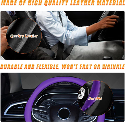 Steering Wheel Cover, Soft Leather Premium Durable Elastic Auto Wheel Cover Protector, Stretch Breathable Anti-Slip Lining, Universal 14.5-15 inch...