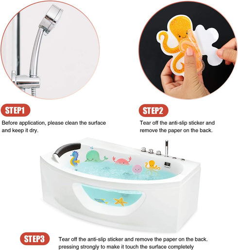 Non Slip Bathtub Stickers, 14 PCS Large Sea Adhesive Kids Anti Slip Decal Treads for Shower and Bath Tub with Premium Scraper...