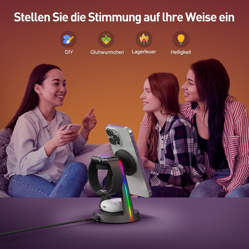 2024 Version RGB 3 in 1 Wireless Charging Station for iPhone Apple Watch AirPods Multiple Devices, Magnetic Wireless Charger Dock, Travel Charger ...