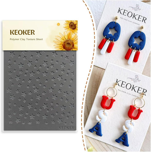 KEOKER Polymer Clay Texture Sheets, Stars Clay Texture Mat, Polymer Clay Earrings Tools on Independence Day or 4th of July, Like Polymer Clay Roll...