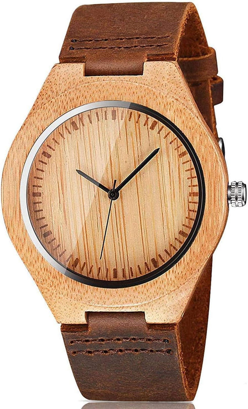 Mens Wooden Watches Brown Cowhide Leather Strap Casual Watch for Groomsmen Gift with Box...