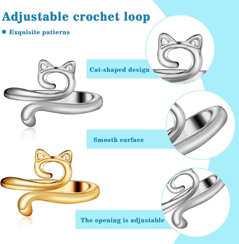 FOUSNOW 5 Pcs Crochet Ring, Adjustable Knitting Tension Rings, Finger Loop, Cat Yarn Guide Knitting Thimble, Faster Knitting Crochet Accessories f...