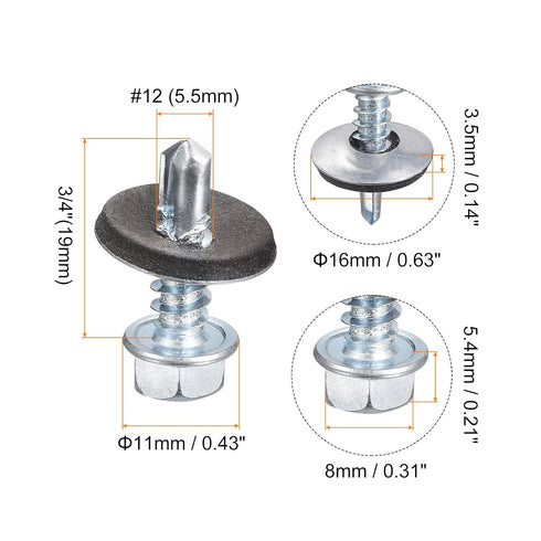 uxcell #12 x 3/4" Self Drilling Screws with Rubber Washer, 100pcs Zinc Plated Steel Roofing Screws Hex Head Self Tapping Screws with EPDM Washer f...