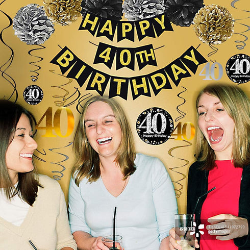 Black & Gold Glittery Happy 40th Birthday Banner,Poms,Sparkling 40 Hanging Swirls Kit for 40th Birthday Party 40th Anniversary Decorations...
