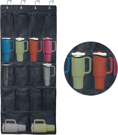 18 Pockets Door Hanging Water Bottle Organizer Rack Up to 40 Pounds, Mesh Large Capacity Door Storage Cups Holder Compatible with Stanley Tumbler ...