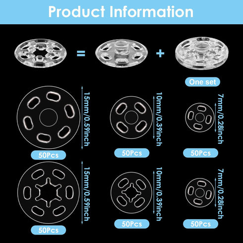 150 Sets Plastic Sew-on Snap Buttons Invisible Snap Fasteners Buttons Round Clear Press Button for Sewing Clothing DIY Craft, 7 mm 10 mm 15 mm...