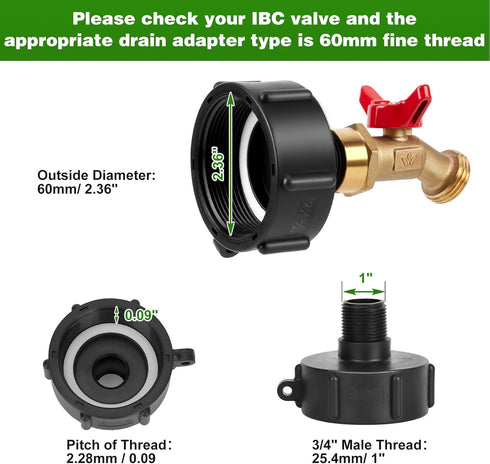 WADEO IBC Tank Fitting, 2.36'' Fine Thread Adapter for 275-330 Gallon IBC Tote Tank, IBC Tote Aadpter with Brass Hose Faucet Valve (3/4" Female NP...