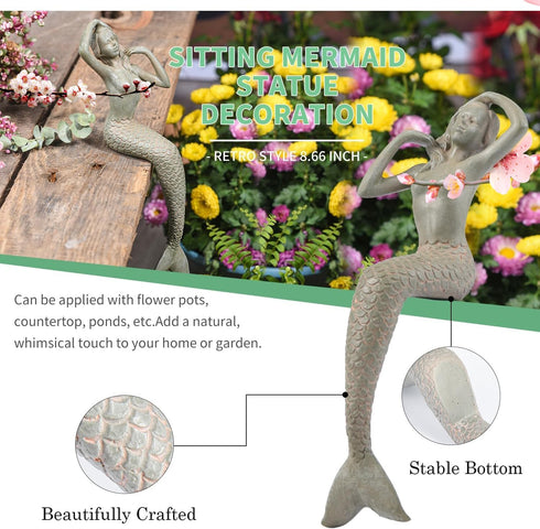 Sungmor Retro Style 8.66 Inch Heavy-duty Sitting Mermaid Garden Statue Decoration | Premium Resin Indoor Outdoor Sculpture Decor | Gift Idea for F...
