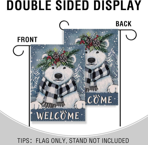 Welcome Winter Polar Bear Small Decorative Garden Flag, Buffalo Plaid Check Scarf Pine Tree Yard Lawn Outside Decor, Snowy Christmas Farmhouse Bur...