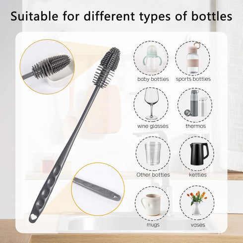 3pcs Silicone Bottle Brush for Cleaning, Water Bottle Cleaning Brush, Water Bottle Brush Cleaner for Sports Bottles, Vases and Glassware (3, Gray)...