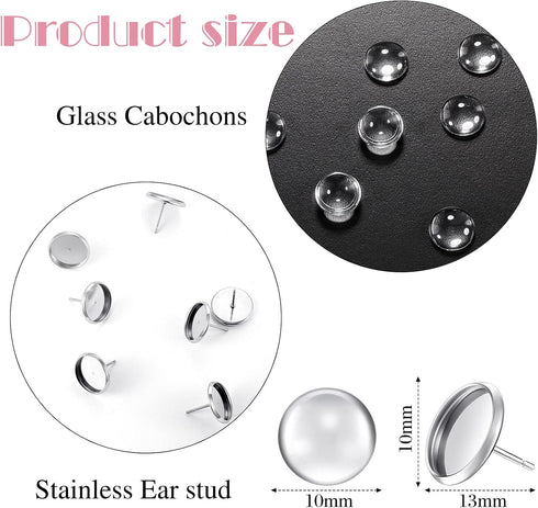 Hicarer 200 Pieces Studs Earring Blank Making Supplies Kit Includes 50 Pcs 10 mm Cabochon Earring Blank Bezel Studs 50 Clear Glass Cabochons, 50 R...