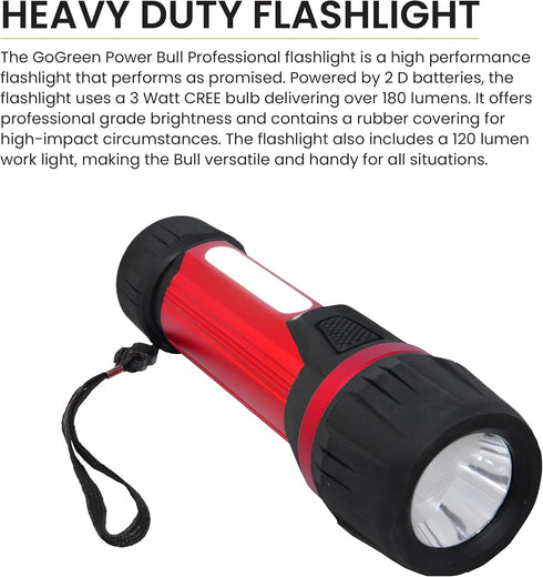 GoGreen Power (GG-THEBULLRD) Professional Flashlight, 180 Lumen Worklight with Strobe and Handle Flashlight, Red...