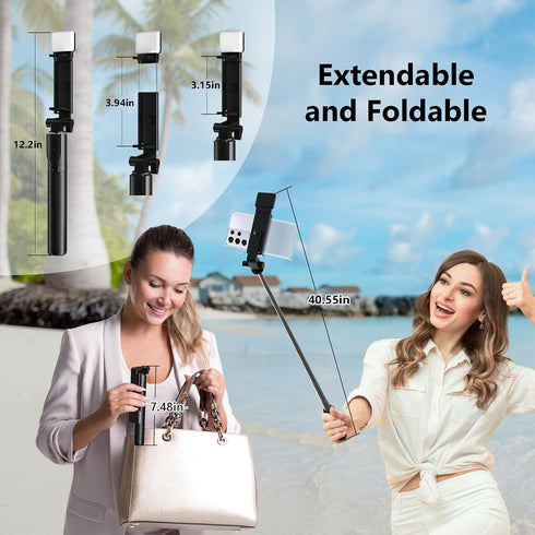 Selfie Stick, 40 in Retractable Phone Tripod with Wireless Remote Control & Light, Portable Selfie Stick Tripod for Photograph, Live Streaming, Vi...