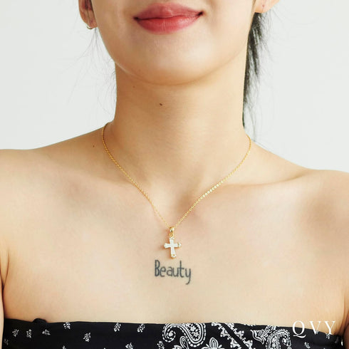 Cross Pendant Necklace for Women • Mother of Pearl White Cross • Onyx Stone Black Cross • 14K Real Gold Plated Stainless Steel Christian Jewelry G...