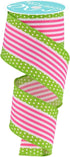 Vertical Stripe & Polka Dot Edge Wired Edge Ribbon - 2.5" x 10 Yards (White, Hot Pink, Lime Green)...