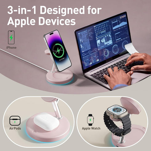 2024 Version 3 in 1 30W Supper Fast Wireless Charging Station for iPhone Apple Watch AirPods, Magnetic Charger Stand Dock Multiple Devices for 15/...