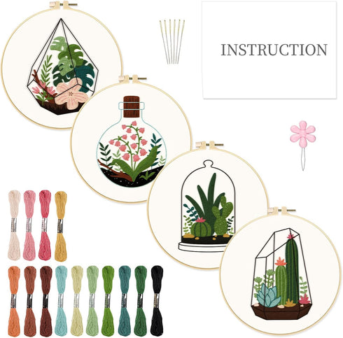 INFUNLY 4pcs Plant Embroidery Starter Kit for Beginners Cactus Cross Stitch Kits for Adults Vase Flower Stamped Stitches Embroidery Sewing Kit wit...