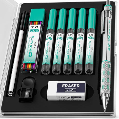 Nicpro Blocky Gear 2mm Mechanical Pencils in Case, Metal Drafting Lead Holder with 6 Tubes 2mm Lead Refill (HB 2B 2H 4B 4H & Colors) Sharpeners, E...