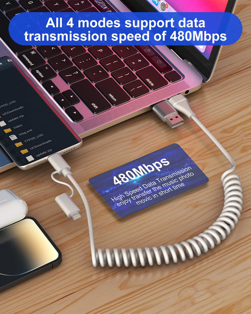 USB C Cable Apple Charger 4 in 1 - PD 60W/27W USB C Fast Charging & Data Sync Multi Charger Cord, 6FT Coiled Lightning Cable to USB for iPhone/Pad...