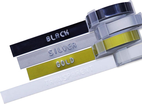 Motex Refill Tape for Embossing Label Maker, 4 Color Tapes, 3/8-Inch (Black, Transparent, Gold, Silver)...