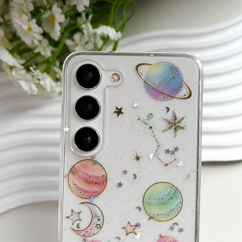 for Samsung Galaxy S23 Clear Case with Glitter Stars Planet Universe Design,Sparkle Bling Cute Slim Soft TPU Protective Women Girl's Phone Cover f...