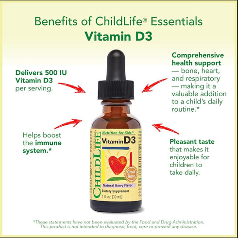 CHILDLIFE ESSENTIALS Vitamin D3 Drops for Kids, Children, & Toddlers - Liquid Vitamin D Drops, 500 IU per Drop, Immune & Bone Health Support, Natu...