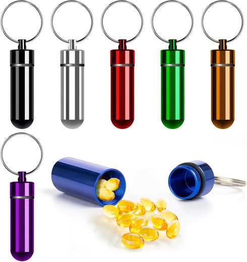 Small Travel Pill Container Holder Keychain - 7 Pack Portable Mini Pocket Pill Case Box Waterproof Metal Small Keychain Pill Holder Container for ...