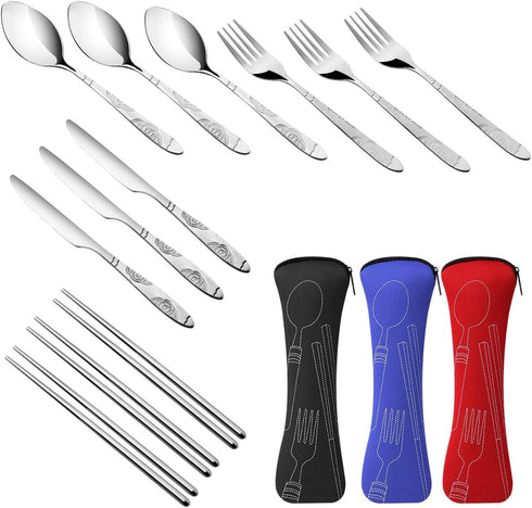 3 Pack Reusable Flatware Sets Knife, Fork, Spoon, Chopsticks, 12Pcs Portable Travel Stainless Steel Tableware Dinnerware with Carrying Case...
