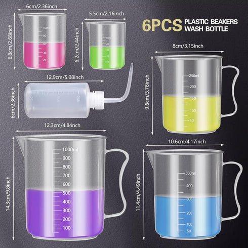 4PCS Plastic Graduated Cylinders Set 10ml 25ml 50ml 100ml, 5PCS Plastic Beakers Set 50ml 100ml 250ml 500ml 1000ml with 4PCS Pipettes,1PCS Plastic ...