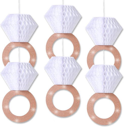 Engagement Party Decorations, Bridal Shower Supplies, Honeycomb Ring Hanging Decorations, Rose Gold Glitter Diamond Rings (6pcs), Engaged Diamond ...