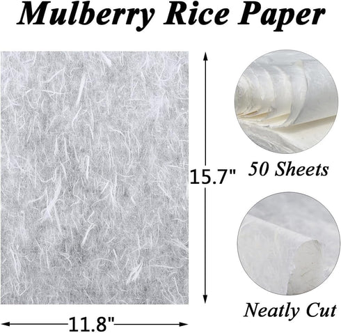 Natural Mulberry Paper Sheets, 50 Sheets 11.8 x 15.7inch Natural Fiber Rice Paper, Handmade Decoupage Paper Sheets, Art Tissue Washi Paper DIY Cra...
