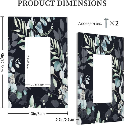 Decorative Switch Plate Covers Boho Black/Grey Eucalyptus Leaf Floral 1 Gang Single Decora GFCI Device Light Switch Cover 1 Rocker Outlet Wall Pla...