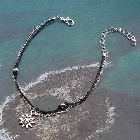 Boho Layered Sun Anklet Bracelet Black Wax Rope Ankle Bracelet Silver Sunflower Dangle Anklets Vintage Black Rope Chain Ankle Bracelet Vintage Foo...